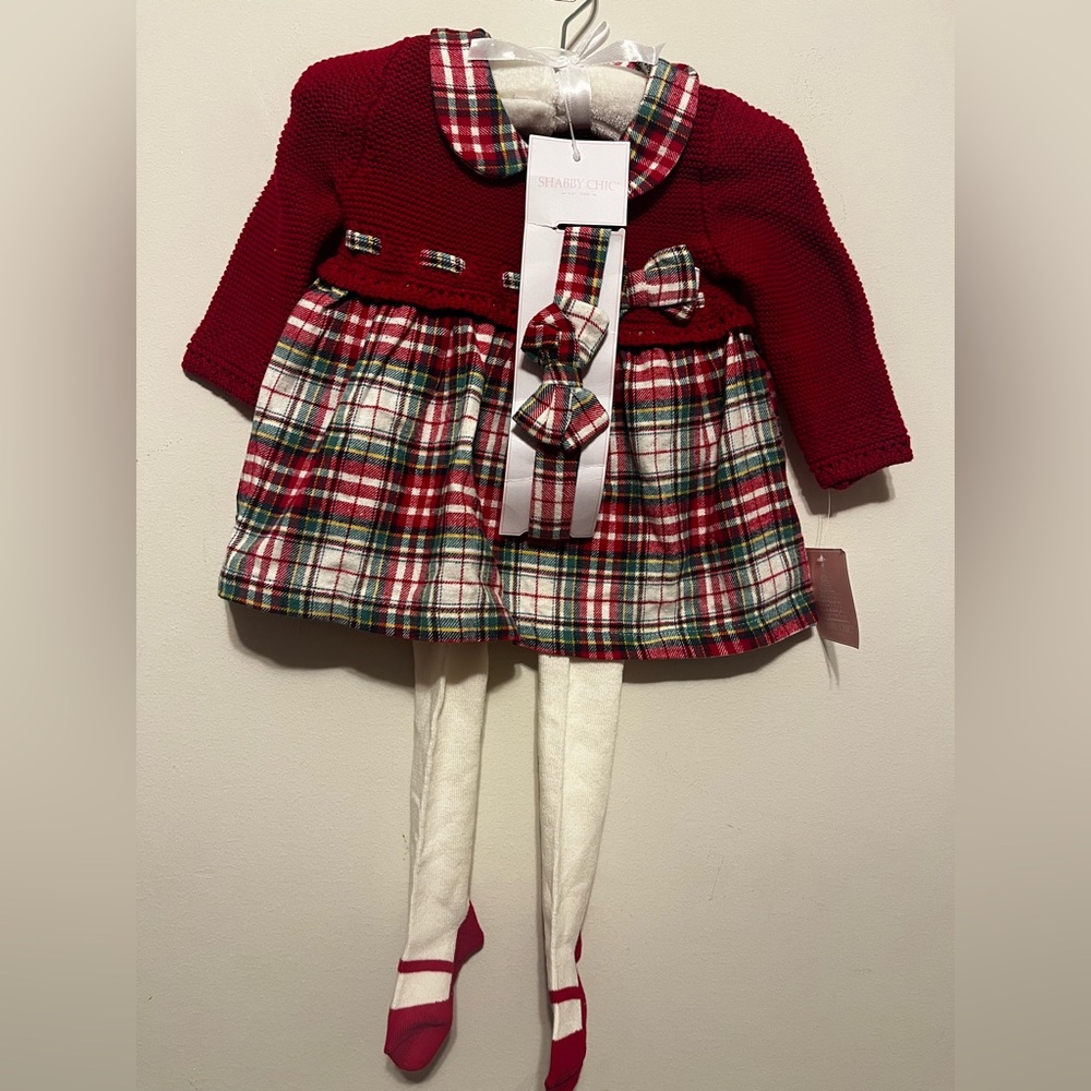 Shabby Chic Holiday Red /Green Plaid Baby Dress with Tights & Headband  2T NWT